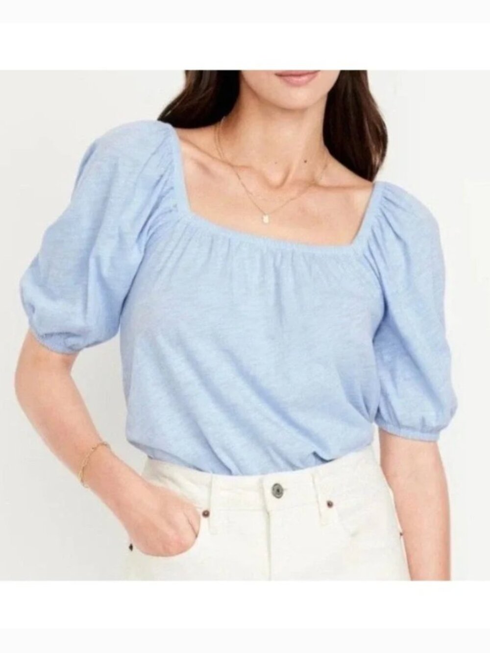 Old Navy Women’s Plus Size 3X Slub-Knit Jersey Square Neck Puff Sleeve Top Blue